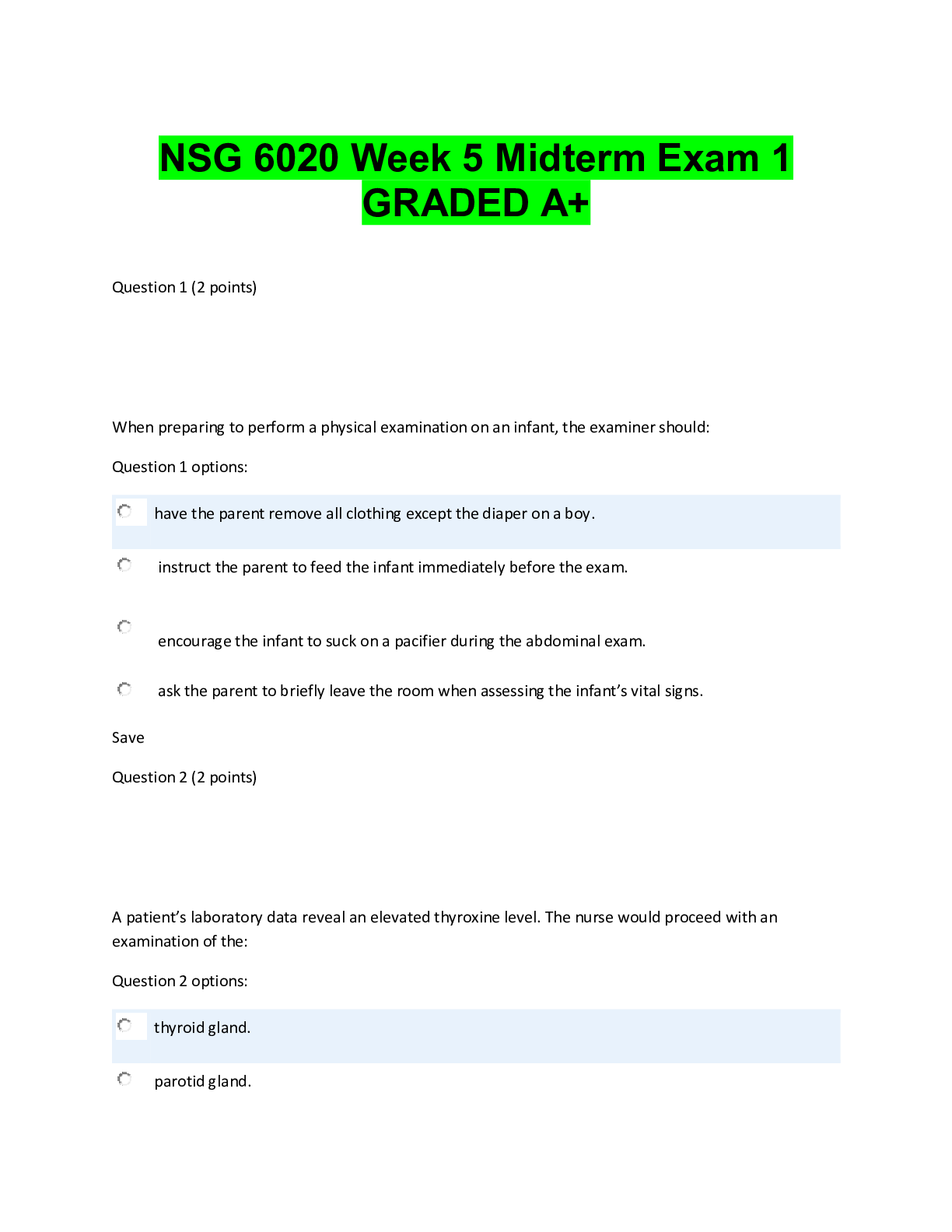Preview image for NSG 6020 Week 5 Midterm Exam 1 GRADED A+